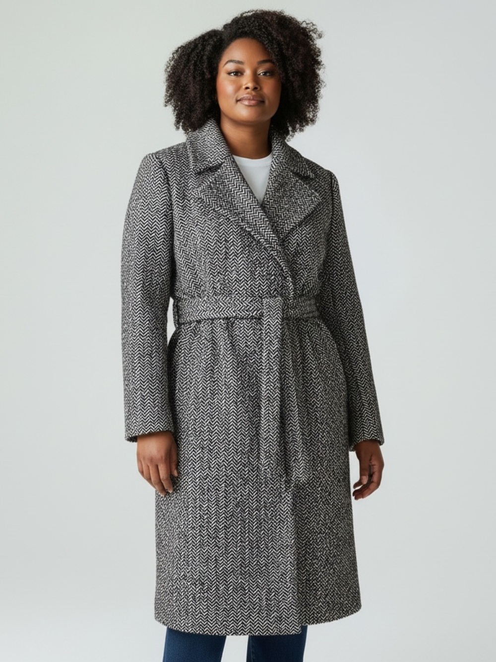 Ann Taylor Black and White Herringbone Belted Winter Coat Jacket no buttons XL